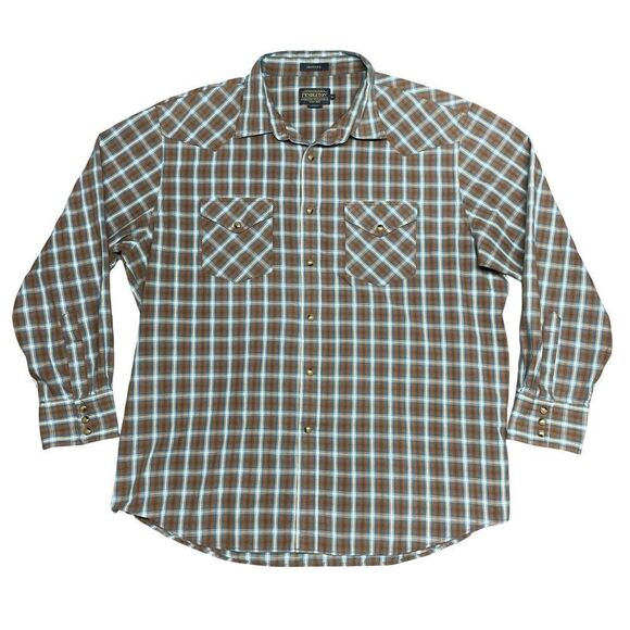 Pendleton Frontier Western Snap Button Collared Shirt Plaid Brown Mens XL - Picture 1 of 9
